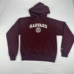 Champion Harvard Hoodie Mens Medium Maroon Pullover Sweatshirt Collegiate Logo‎